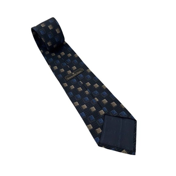 Ermenegildo Zegna Tie Mens Blue Tan Square Geometric Silk Luxury Business - Picture 3 of 11